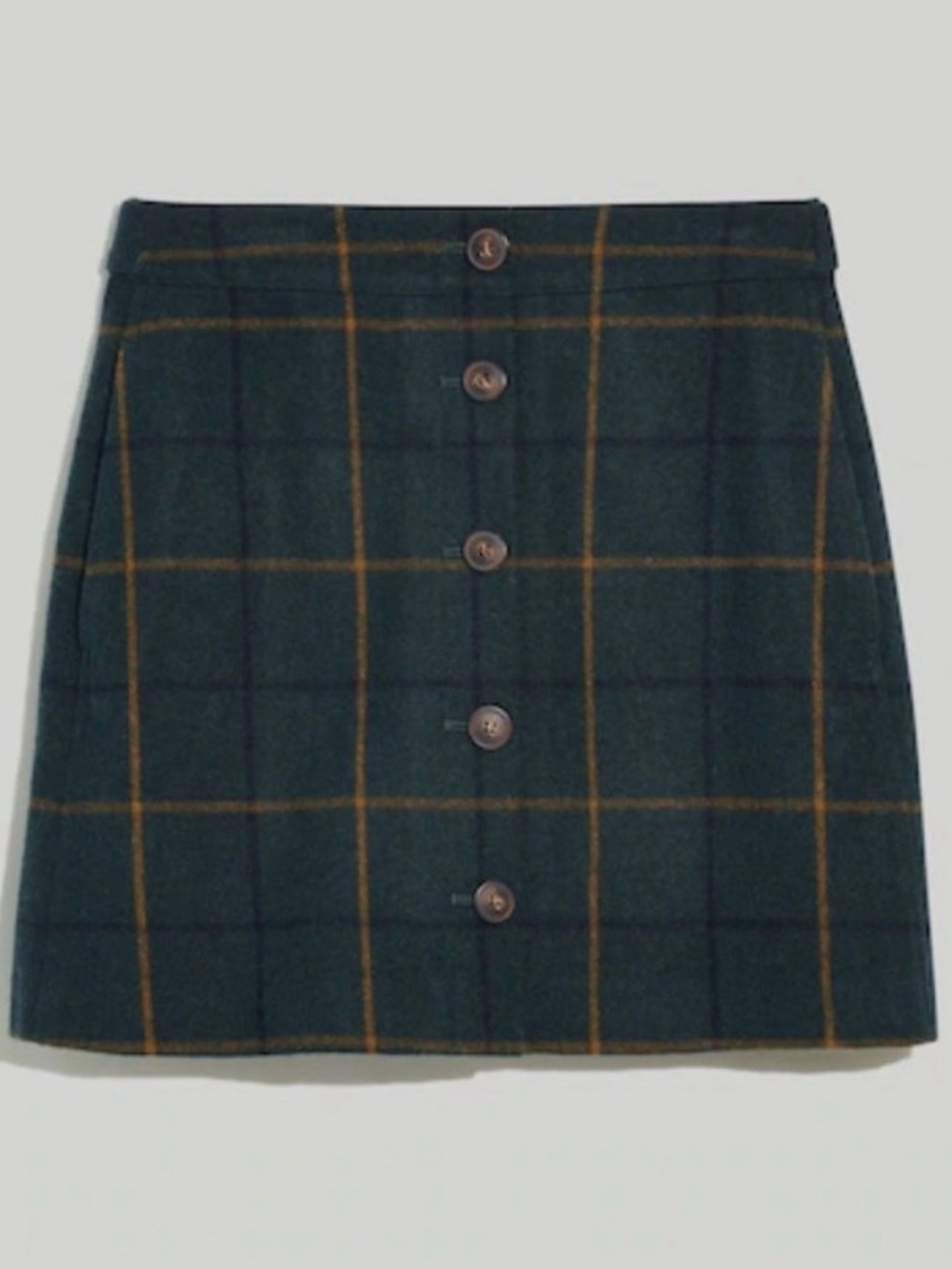 Madewell Wool Button-Front Mini Skirt Dark Green Plaid Windowpane Size 10